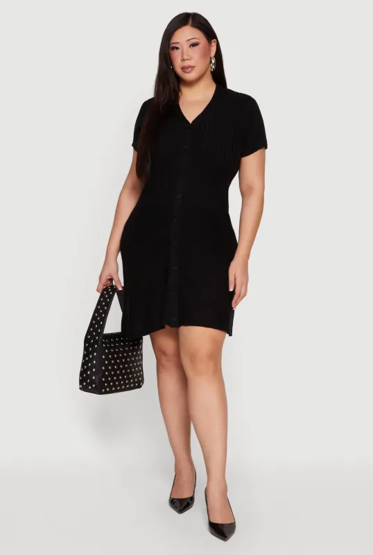 Plus Size Ribbed Knit Button Front Sweater Dress made by Rainbow