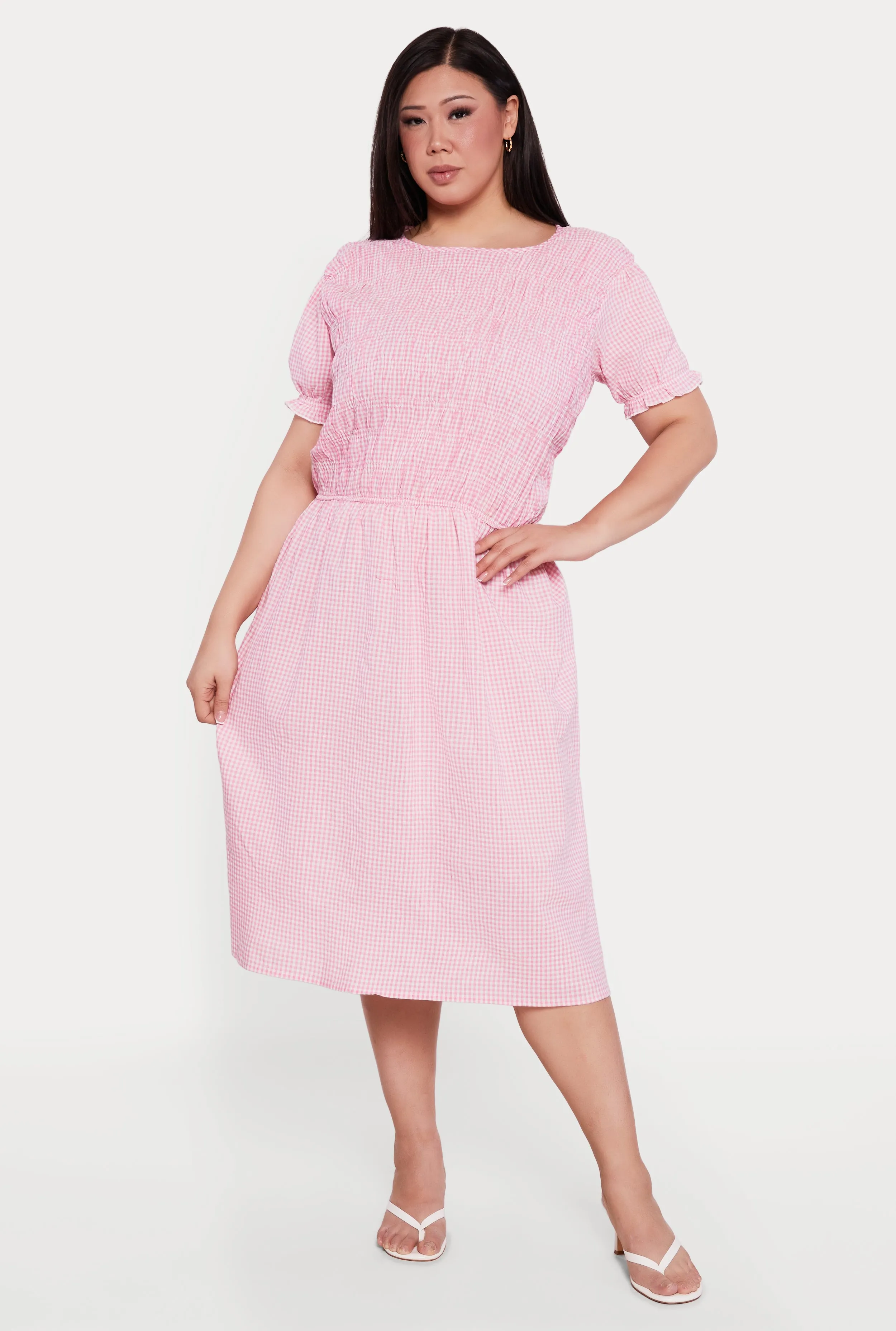 Plus Size Gingham Puff Sleeve Smocked Midi Dress sold by Rainbow