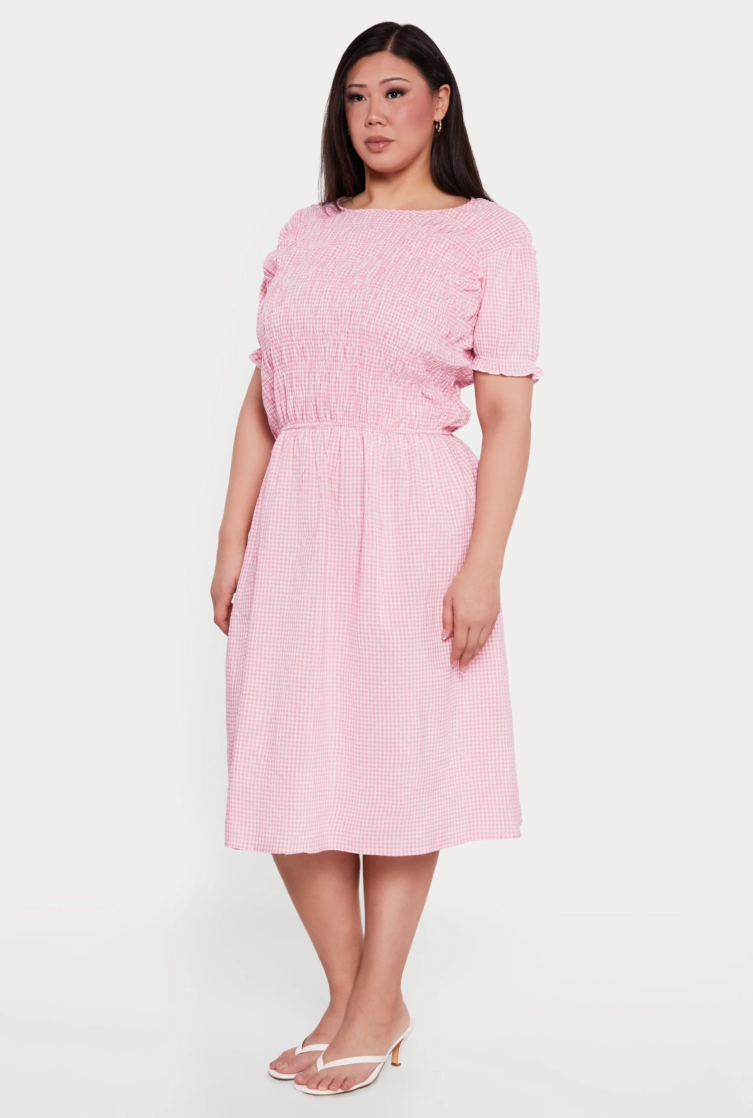 Plus Size Gingham Puff Sleeve Smocked Midi Dress sold by Rainbow product image thumbnail 2