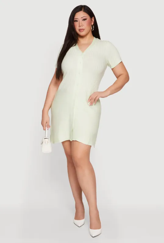 Plus Size Ribbed Knit Button Front Sweater Dress made by Rainbow
