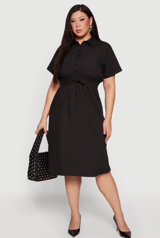 Plus Size Drawstring Waist Button Front Midi Dress sold by Rainbow