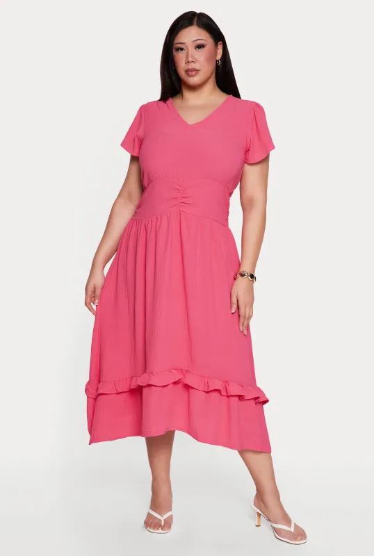 Plus Size Short Sleeve Ruched Empire Waist Dress with Ruffles made by Rainbow