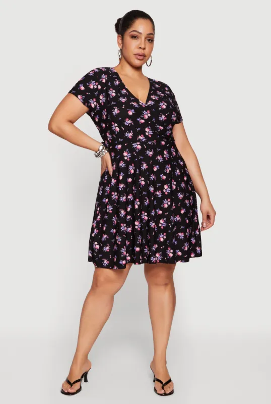Plus Size Floral Print Faux Wrap Skater Dress made by Rainbow
