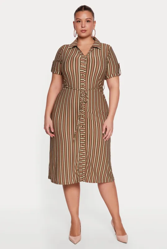 Plus Size Striped Midi Shirt Dress with Tie Waist Belt sold by Rainbow