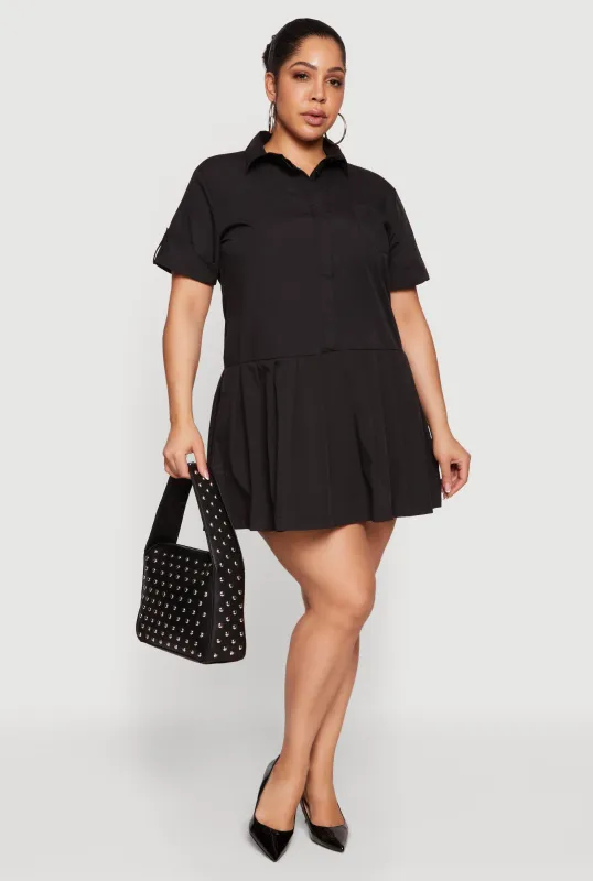 Plus Size Half Button Front Mini Shirt Dress sold by Rainbow