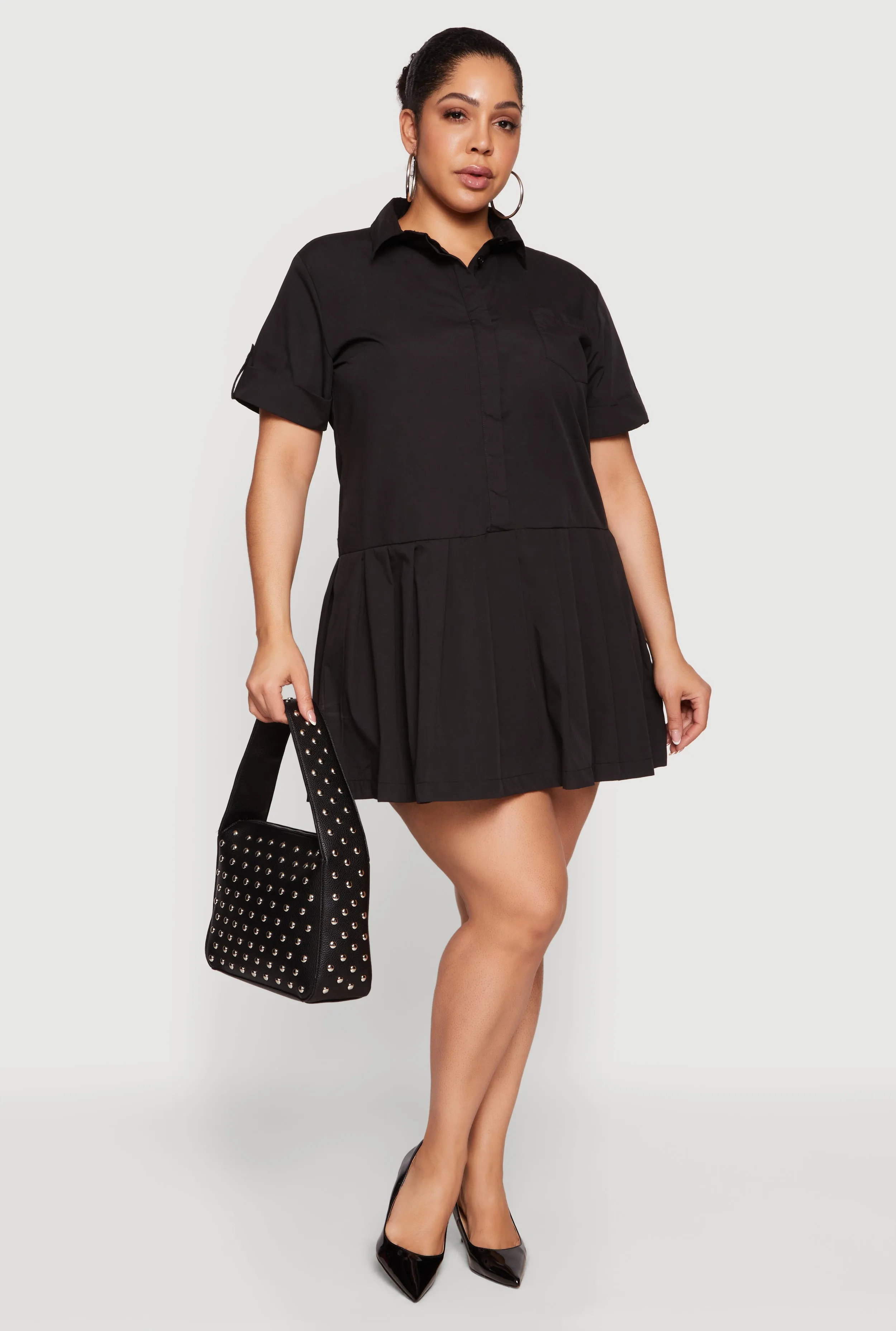 Plus Size Half Button Front Mini Shirt Dress sold by Rainbow