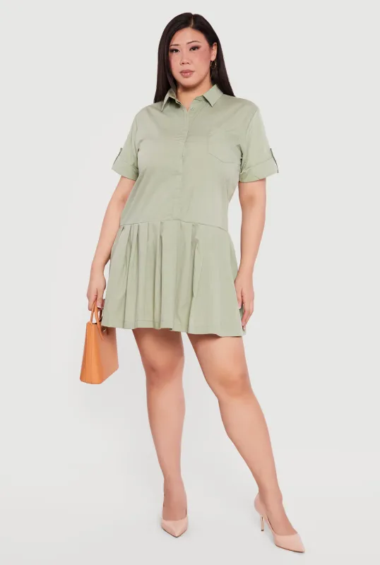 Plus Size Half Button Front Mini Shirt Dress sold by Rainbow