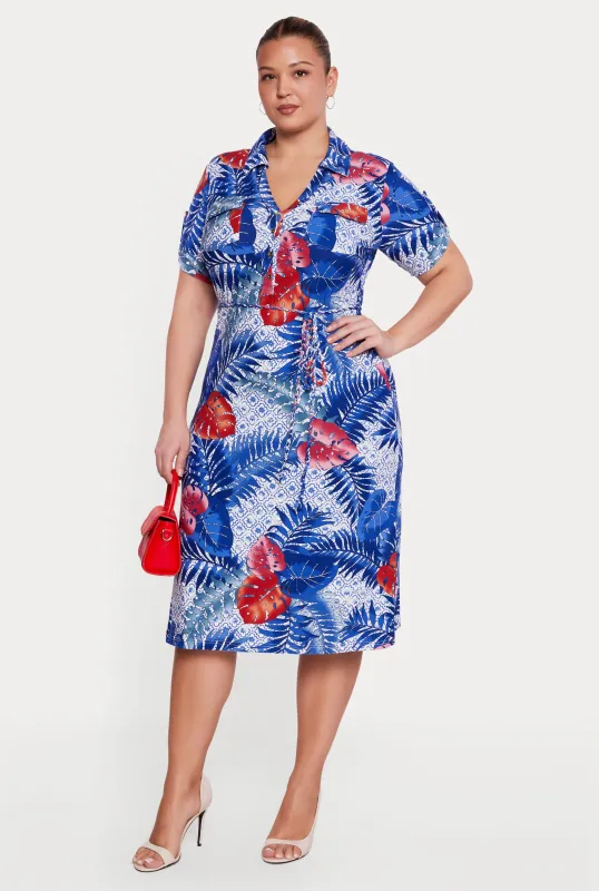 Plus Size Leaf Patterned Tie Waist Belted Polo Dress sold by Rainbow