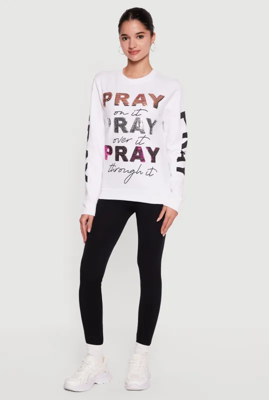 Sequin Pray Graphic Long Sleeve Crew Neck Sweatshirt made by Rainbow