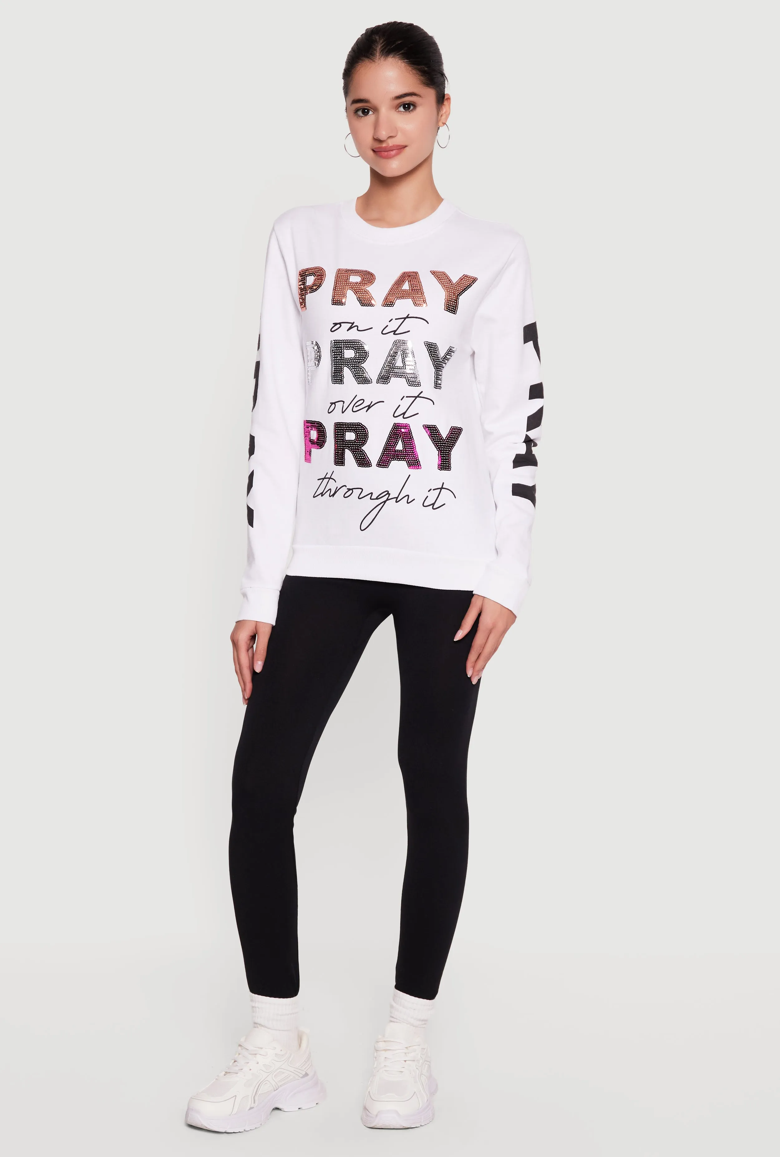 Sequin Pray Graphic Long Sleeve Crew Neck Sweatshirt sold by Rainbow
