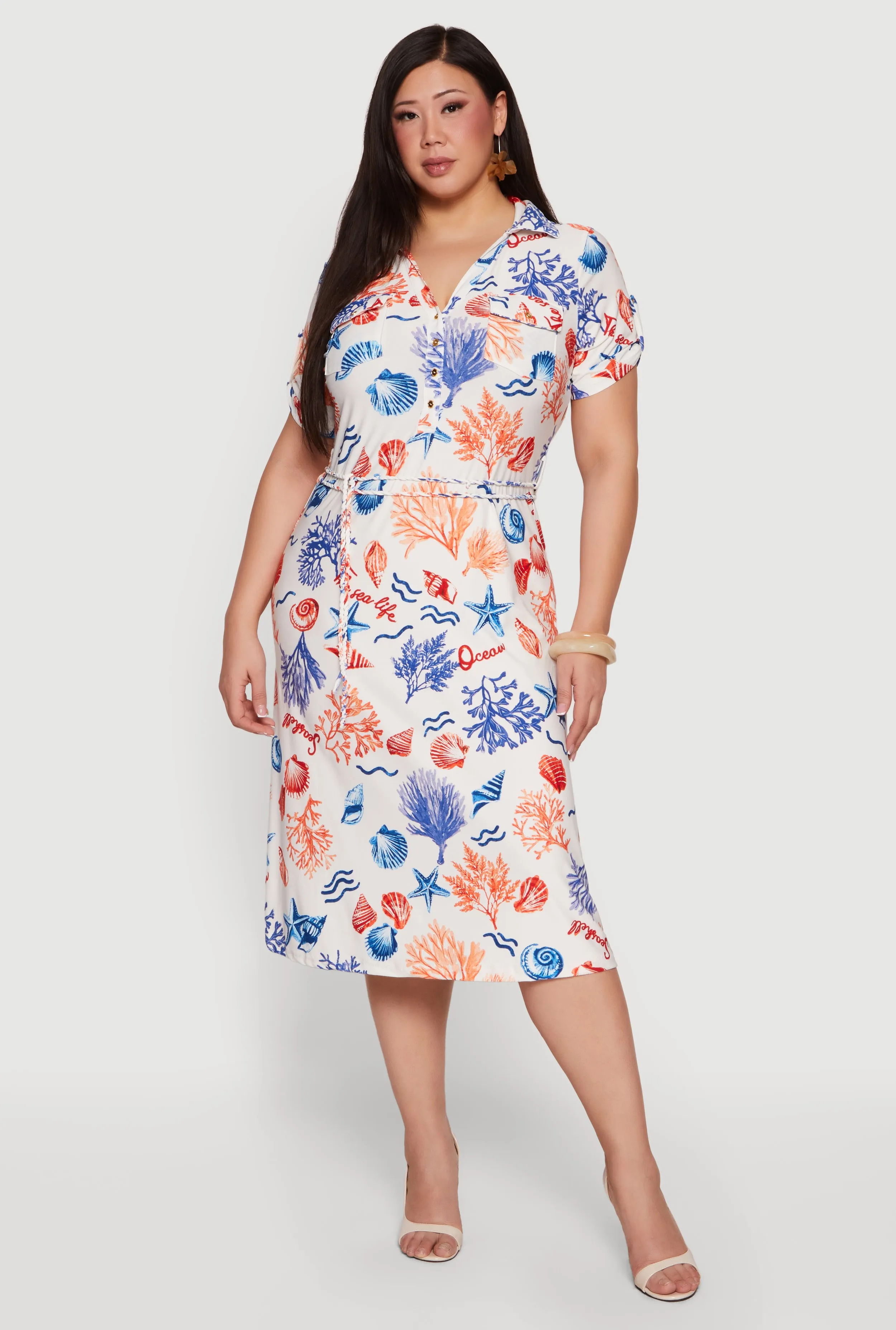 Plus Size Patterned Shirt Dress with Tie Waist Belt sold by Rainbow