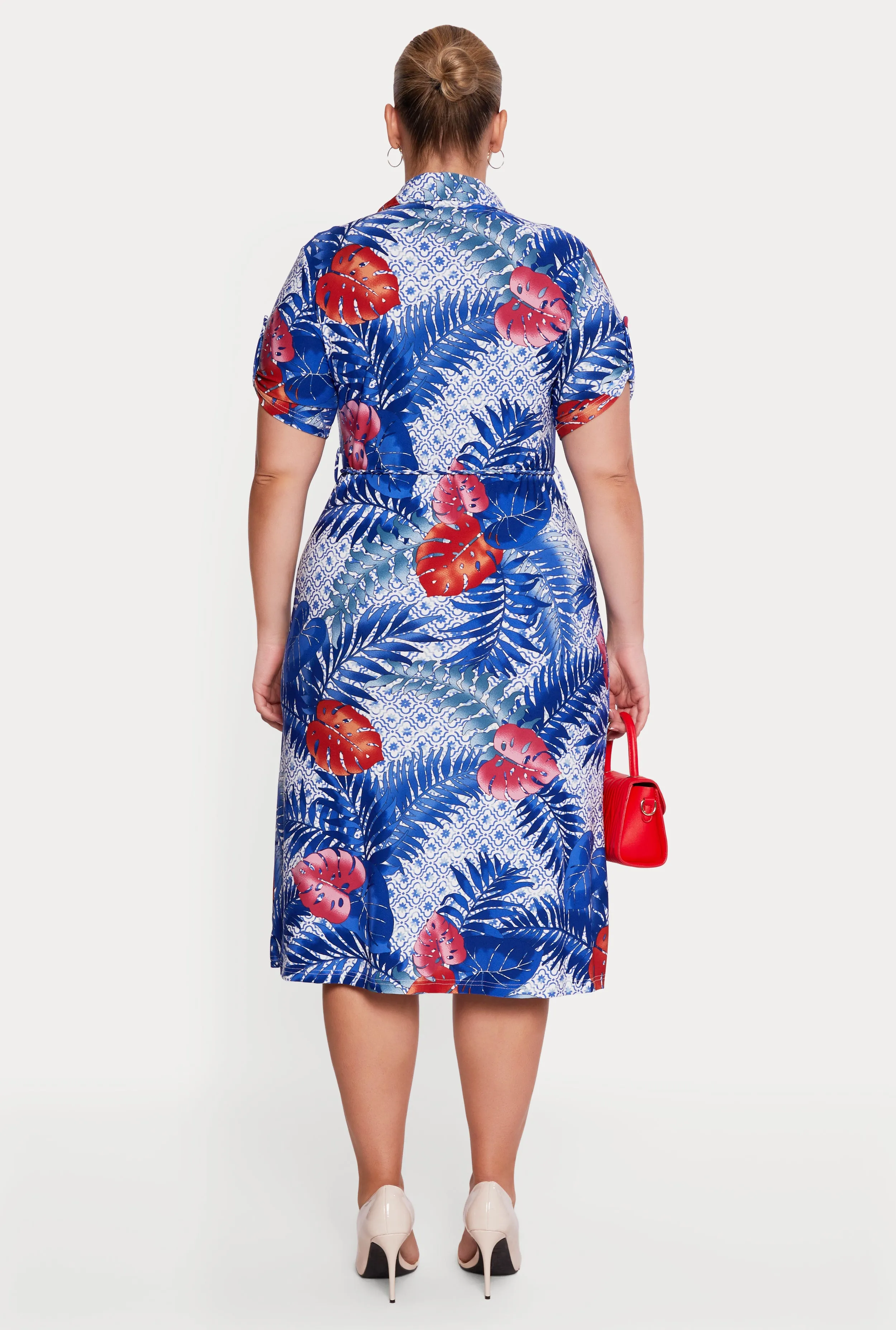 Plus Size Leaf Patterned Tie Waist Belted Polo Dress sold by Rainbow product image thumbnail 3