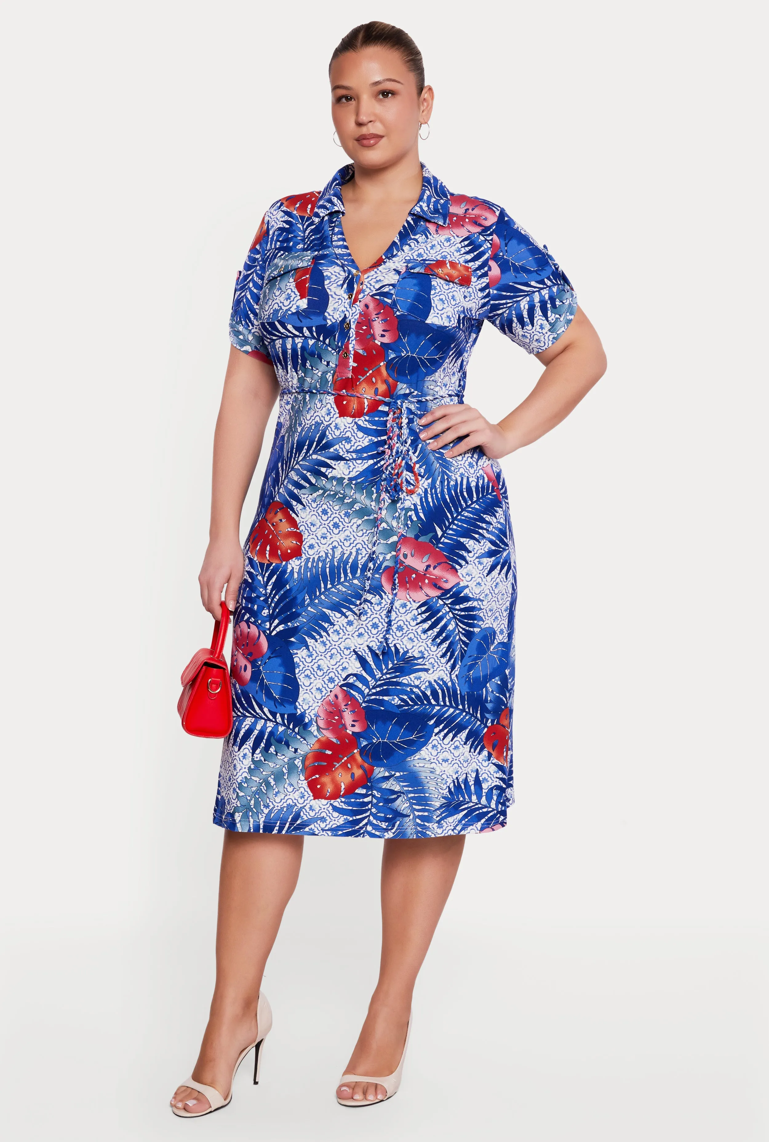 Plus Size Leaf Patterned Tie Waist Belted Polo Dress sold by Rainbow