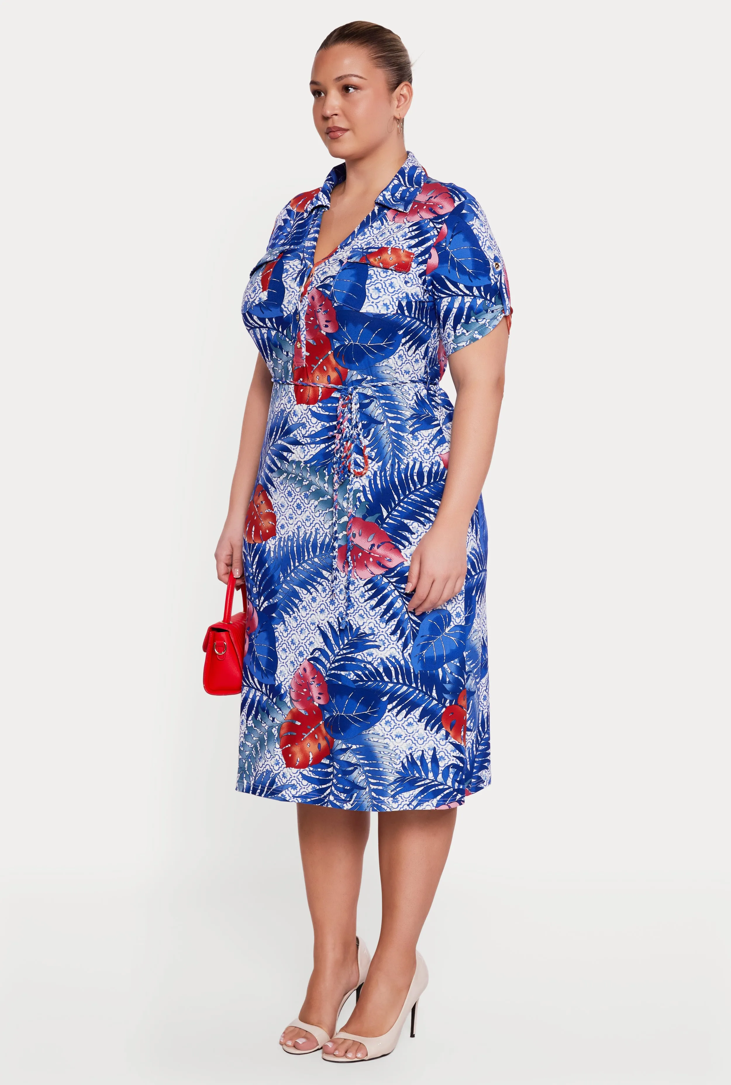 Plus Size Leaf Patterned Tie Waist Belted Polo Dress sold by Rainbow product image thumbnail 2