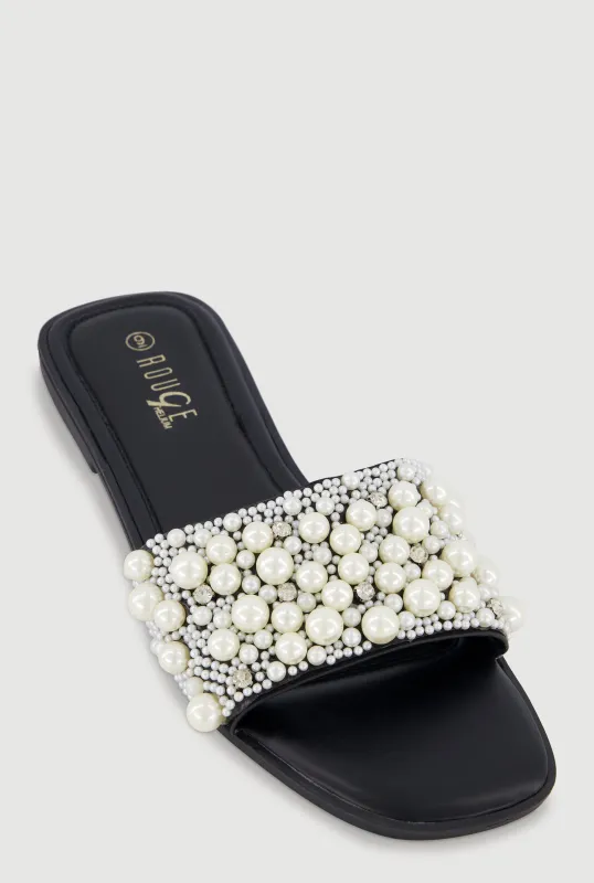 Faux Pearl Rhinestone Studded Slide Sandals made by Rainbow