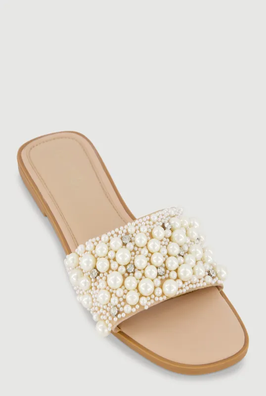 Faux Pearl Rhinestone Studded Slide Sandals made by Rainbow