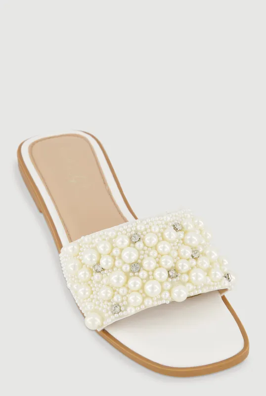 Faux Pearl Rhinestone Studded Slide Sandals sold by Rainbow