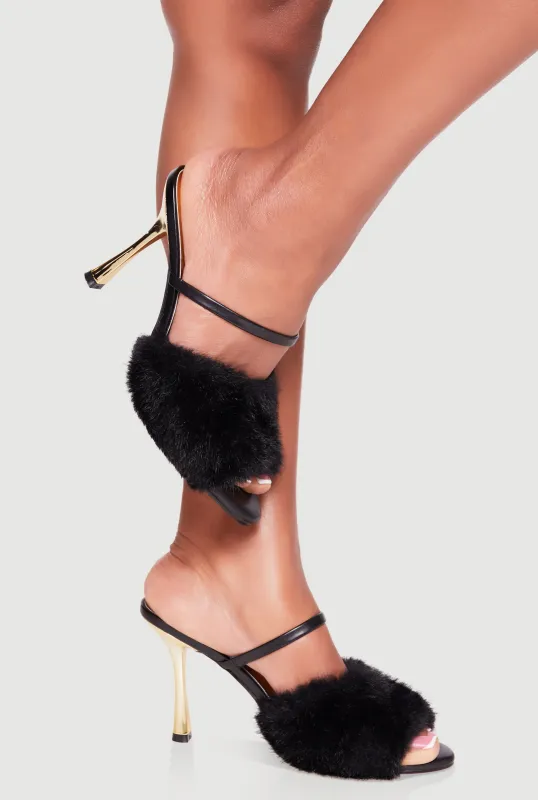 Faux Fur Band Peep Toe High Heel Mules sold by Rainbow