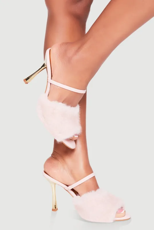 Faux Fur Band Peep Toe High Heel Mules made by Rainbow