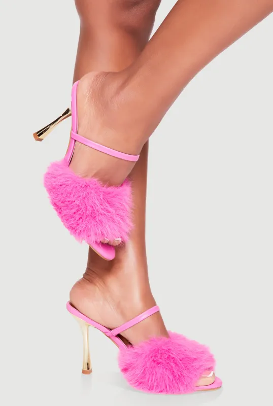 Faux Fur Band Peep Toe High Heel Mules made by Rainbow