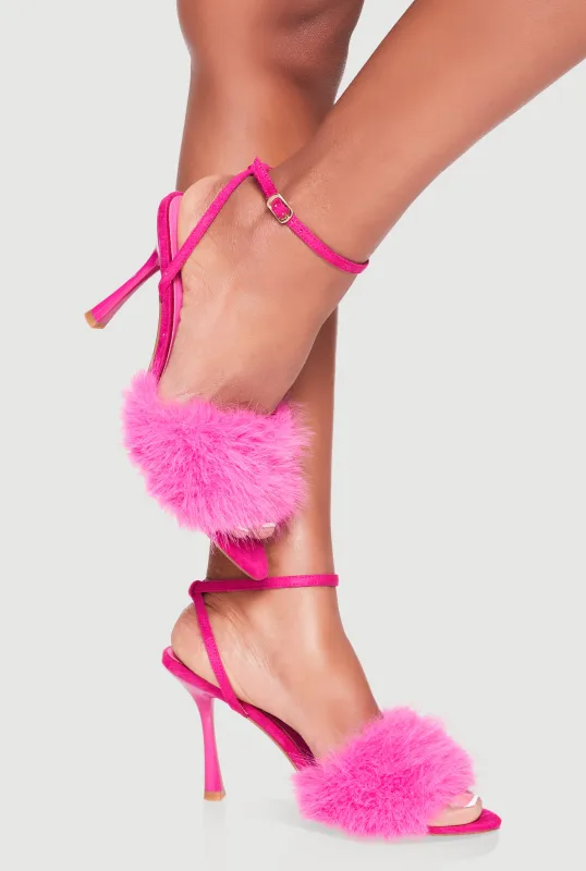 Faux Fur Band Ankle Strap Peep Toe High Heels made by Rainbow
