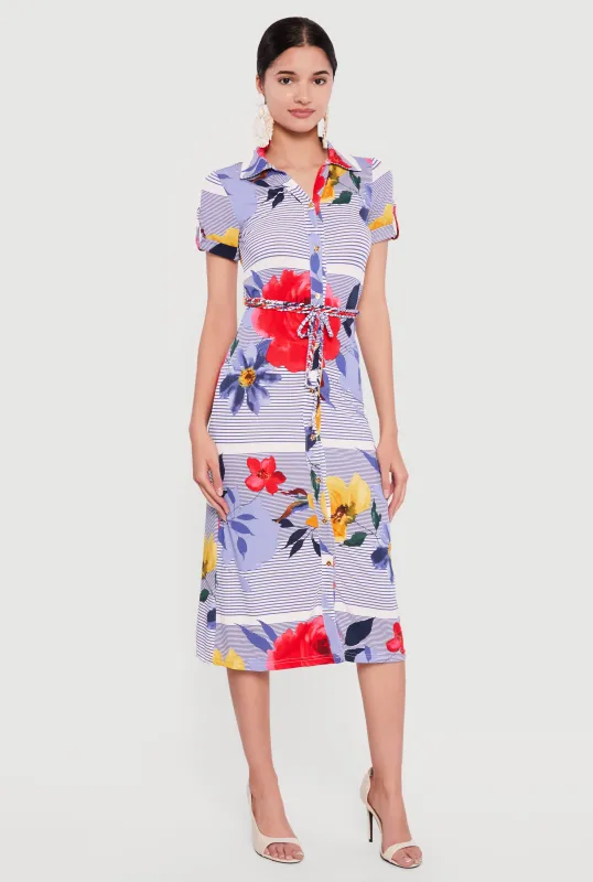 Striped Floral Button Front Shirt Dress with Tie Waist Belt sold by Rainbow