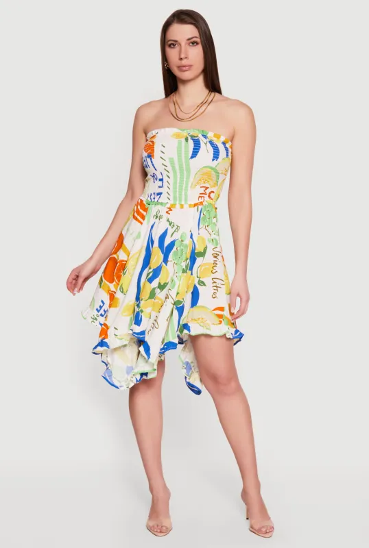 Fruit Print Handkerchief Hem Smocked Strapless Dress sold by Rainbow