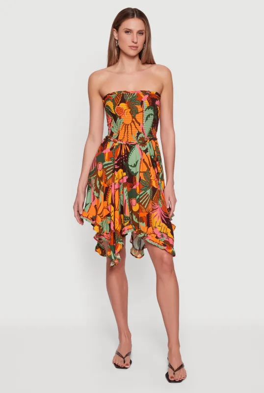 Tropical Print Handkerchief Hem Smocked Strapless Dress sold by Rainbow