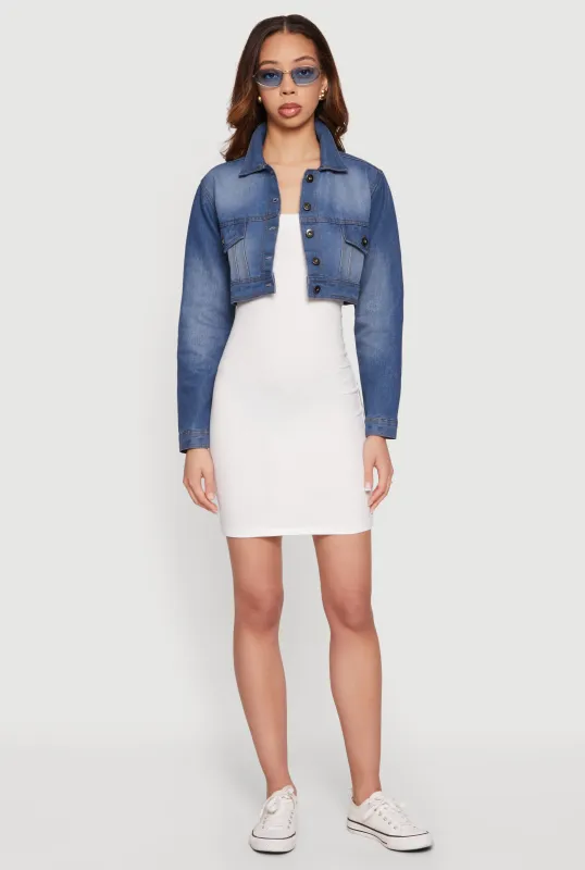 Stone Wash Denim Cropped Button Front Jacket sold by Rainbow