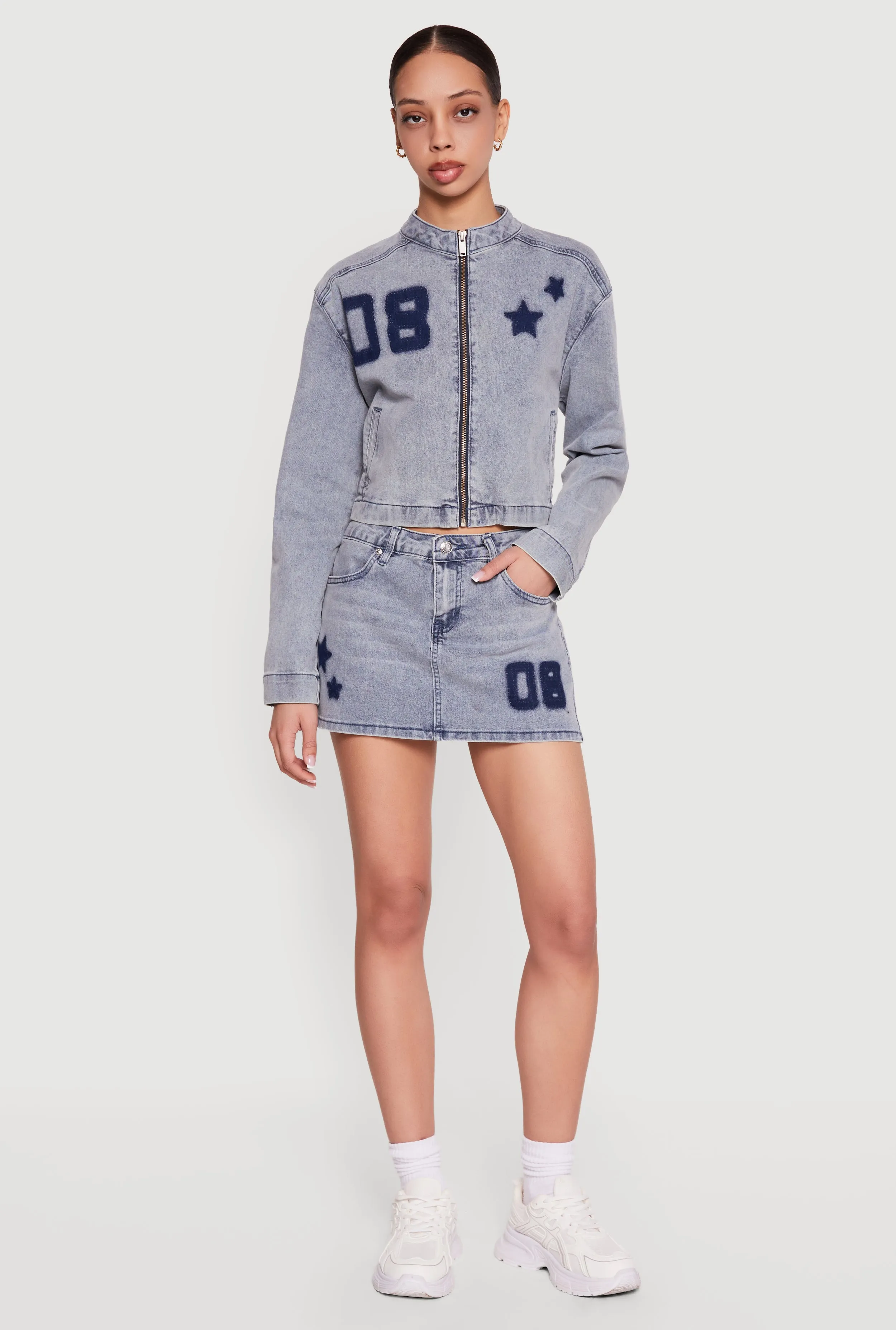 Almost Famous 08 Star Graphic Denim Mini Skirt sold by Rainbow