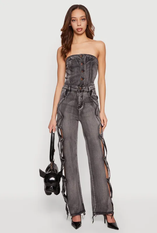 Acid Wash Denim Criss Cross Cut Out Side Jumpsuit sold by Rainbow