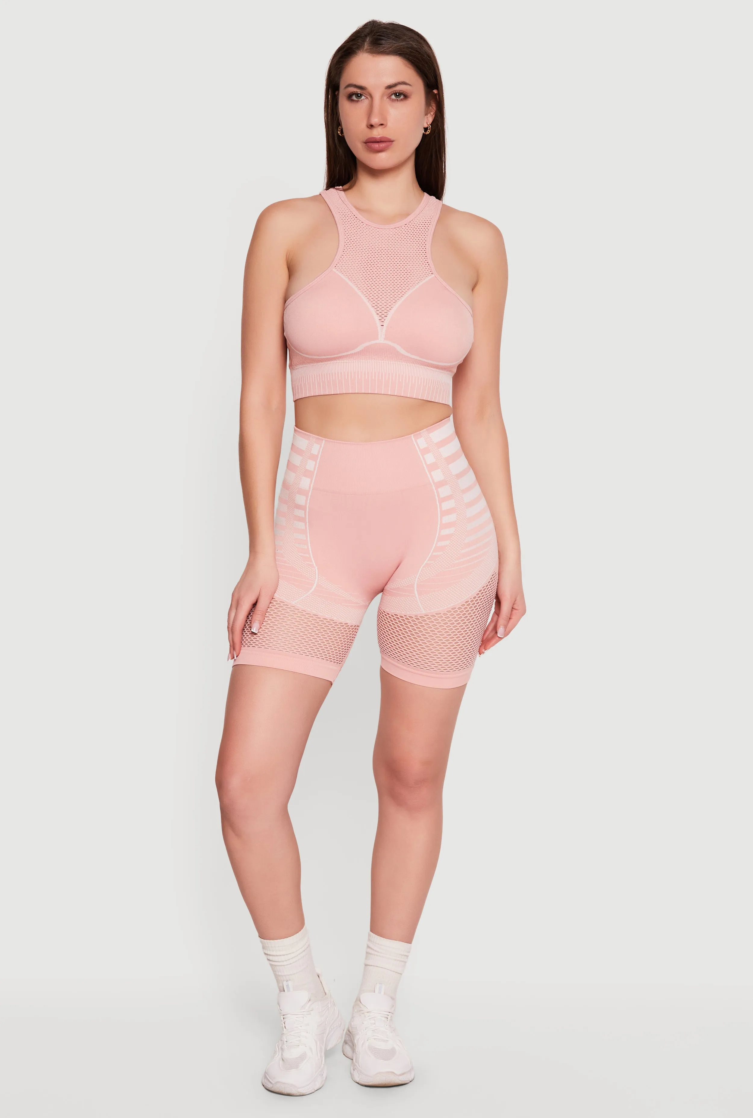 Striped Fishnet Detail Seamless Biker Shorts sold by Rainbow