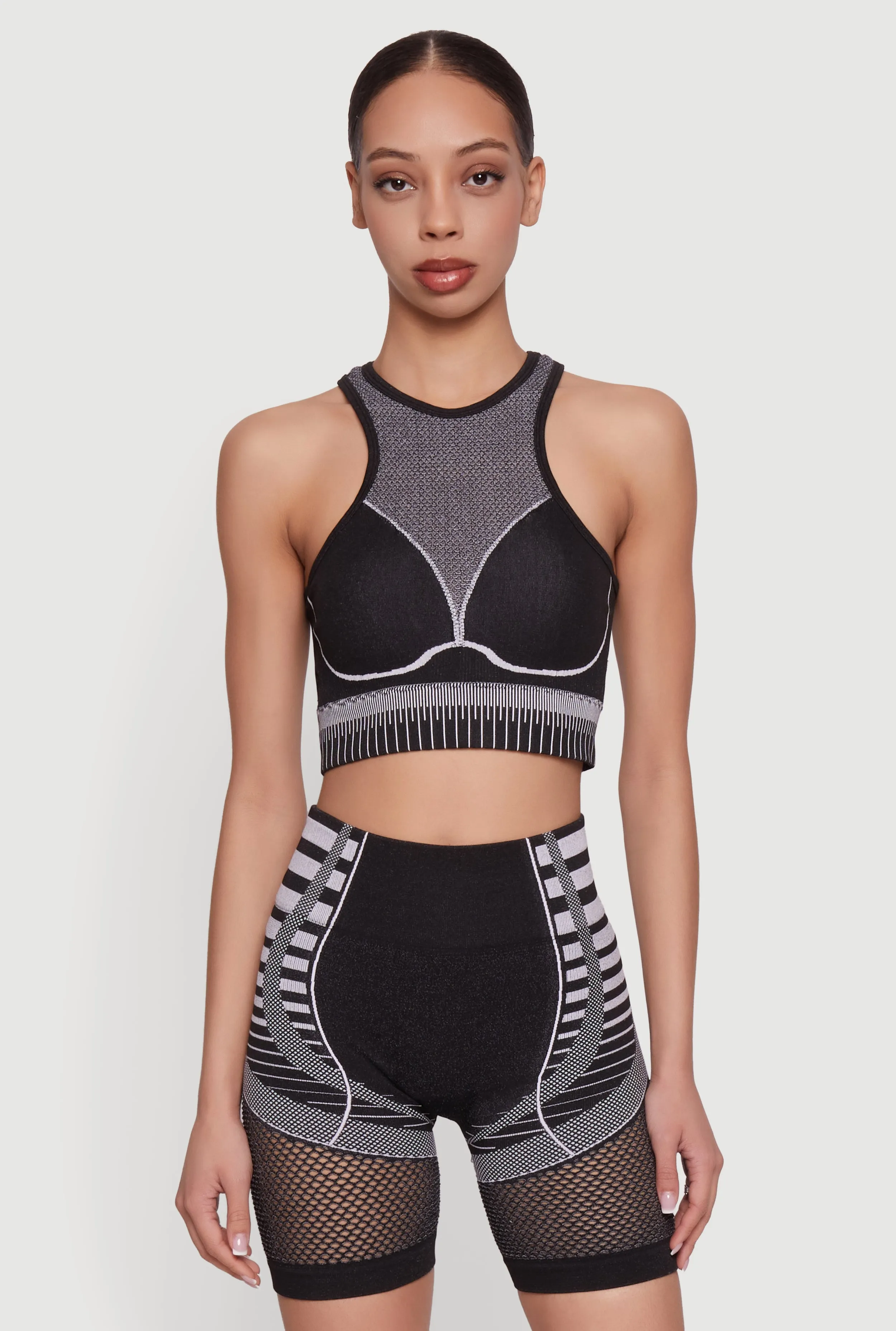 Color Blocked Fishnet Detail Seamless Sports Bra sold by Rainbow product image thumbnail 2