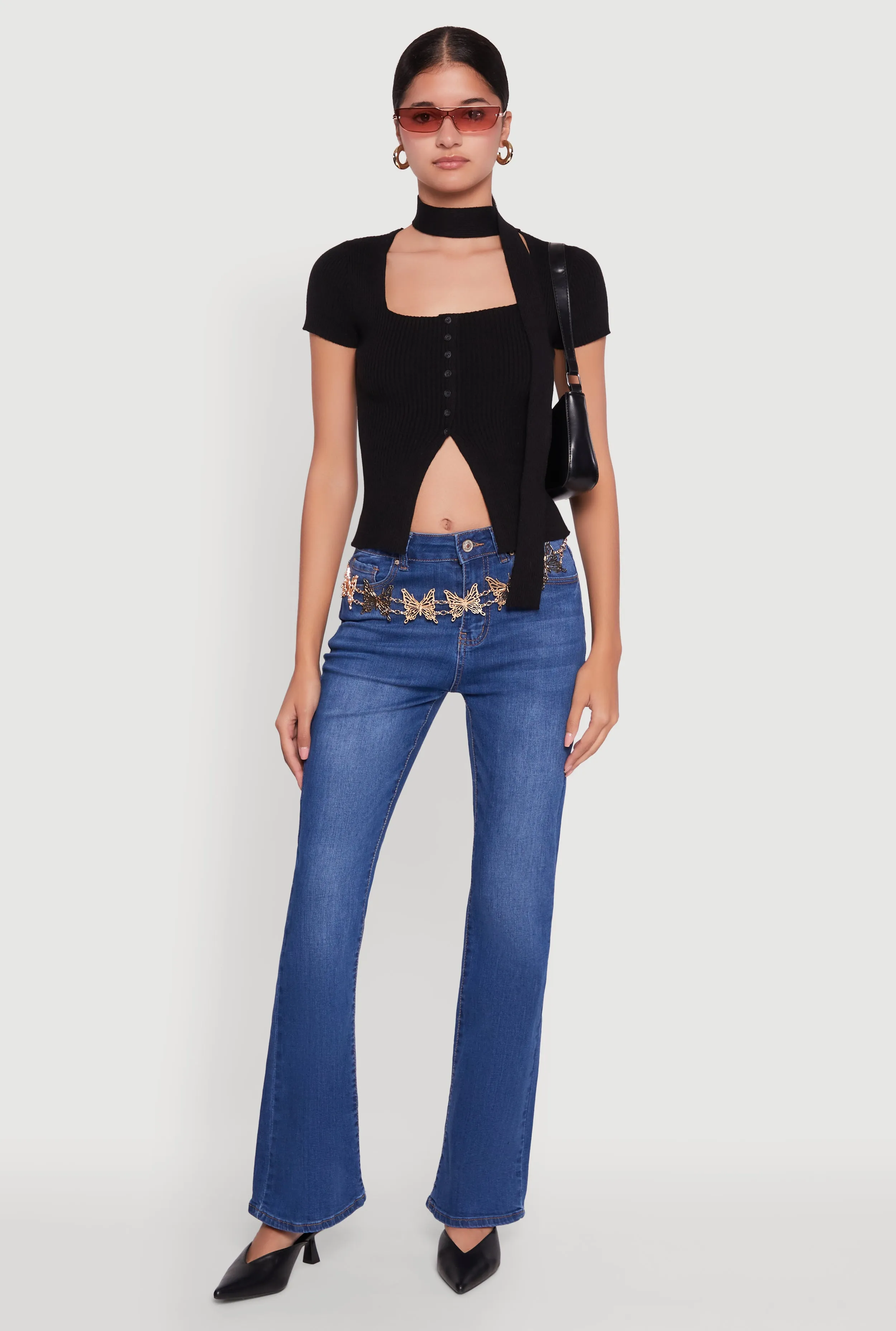 Ribbed Knit Button Slit Front Top with Neck Tie sold by Rainbow