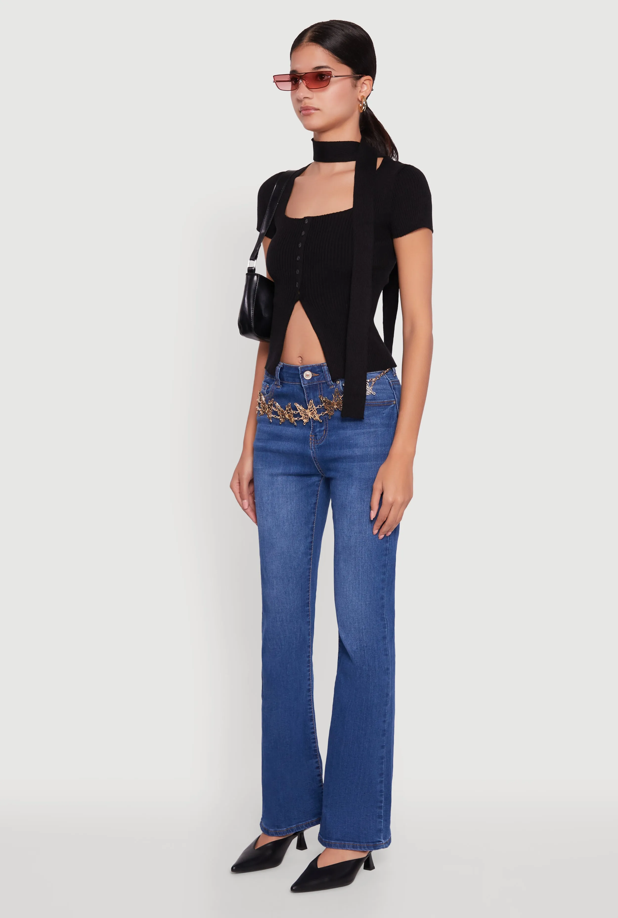 Ribbed Knit Button Slit Front Top with Neck Tie sold by Rainbow product image thumbnail 5