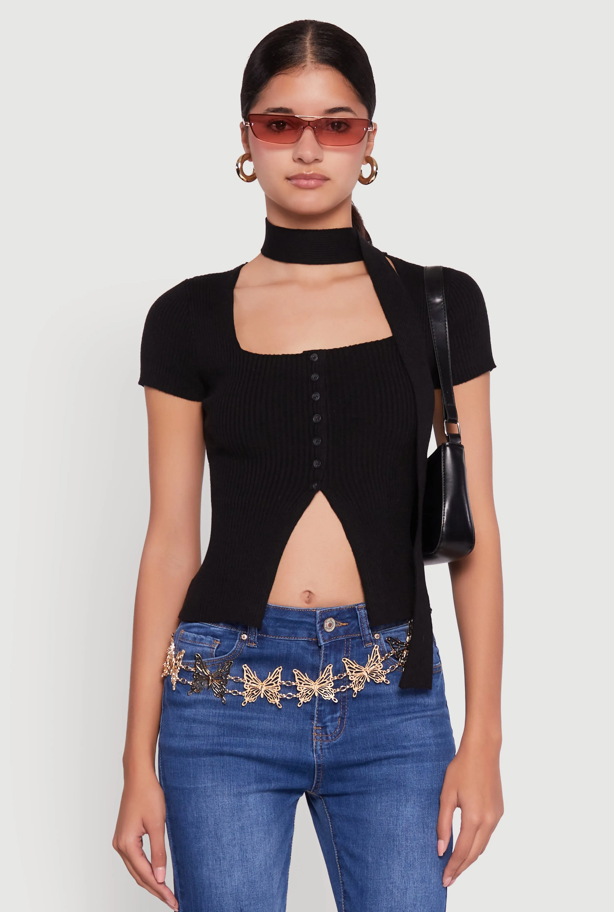 Ribbed Knit Button Slit Front Top with Neck Tie sold by Rainbow product image thumbnail 2