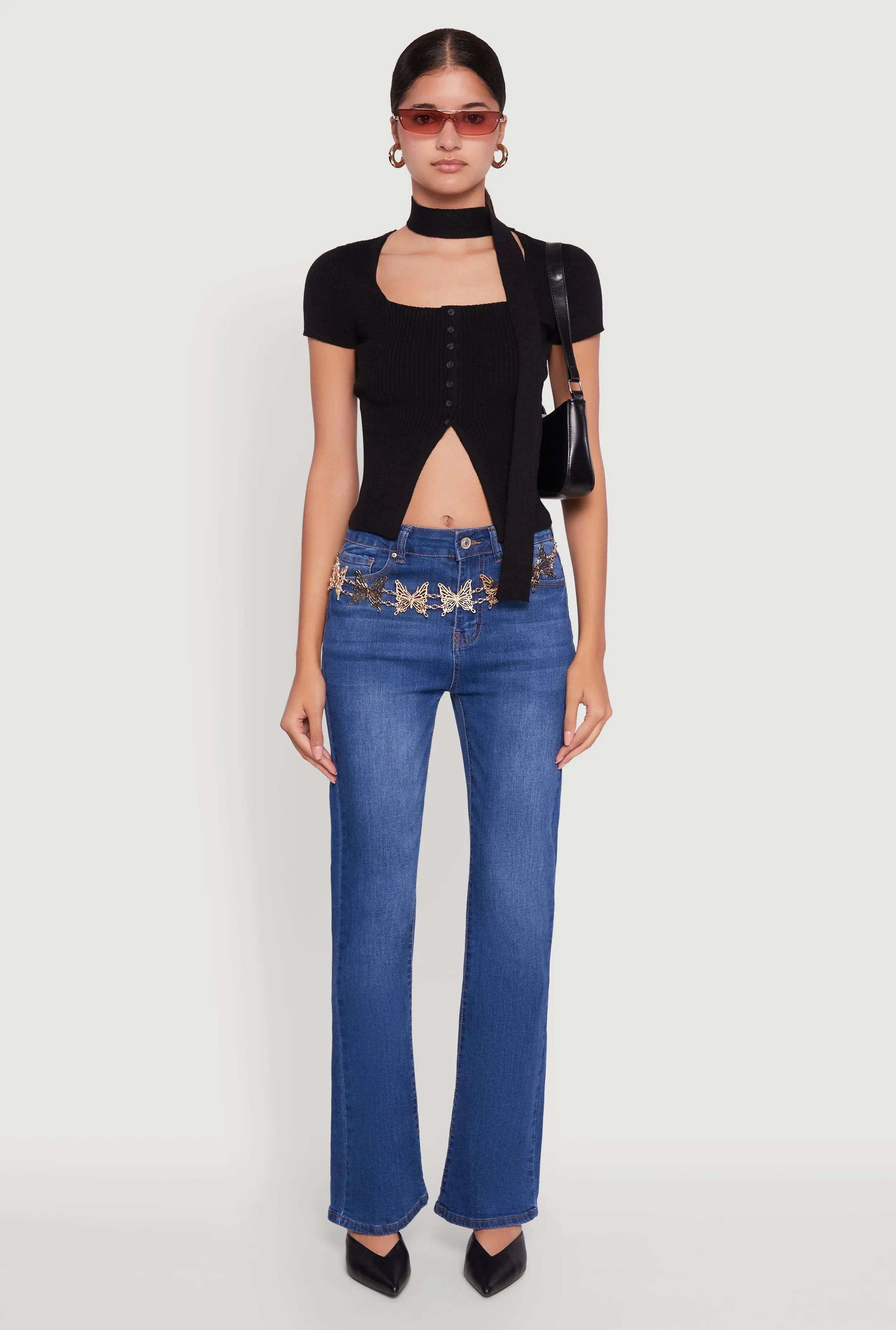 Ribbed Knit Button Slit Front Top with Neck Tie sold by Rainbow product image thumbnail 3