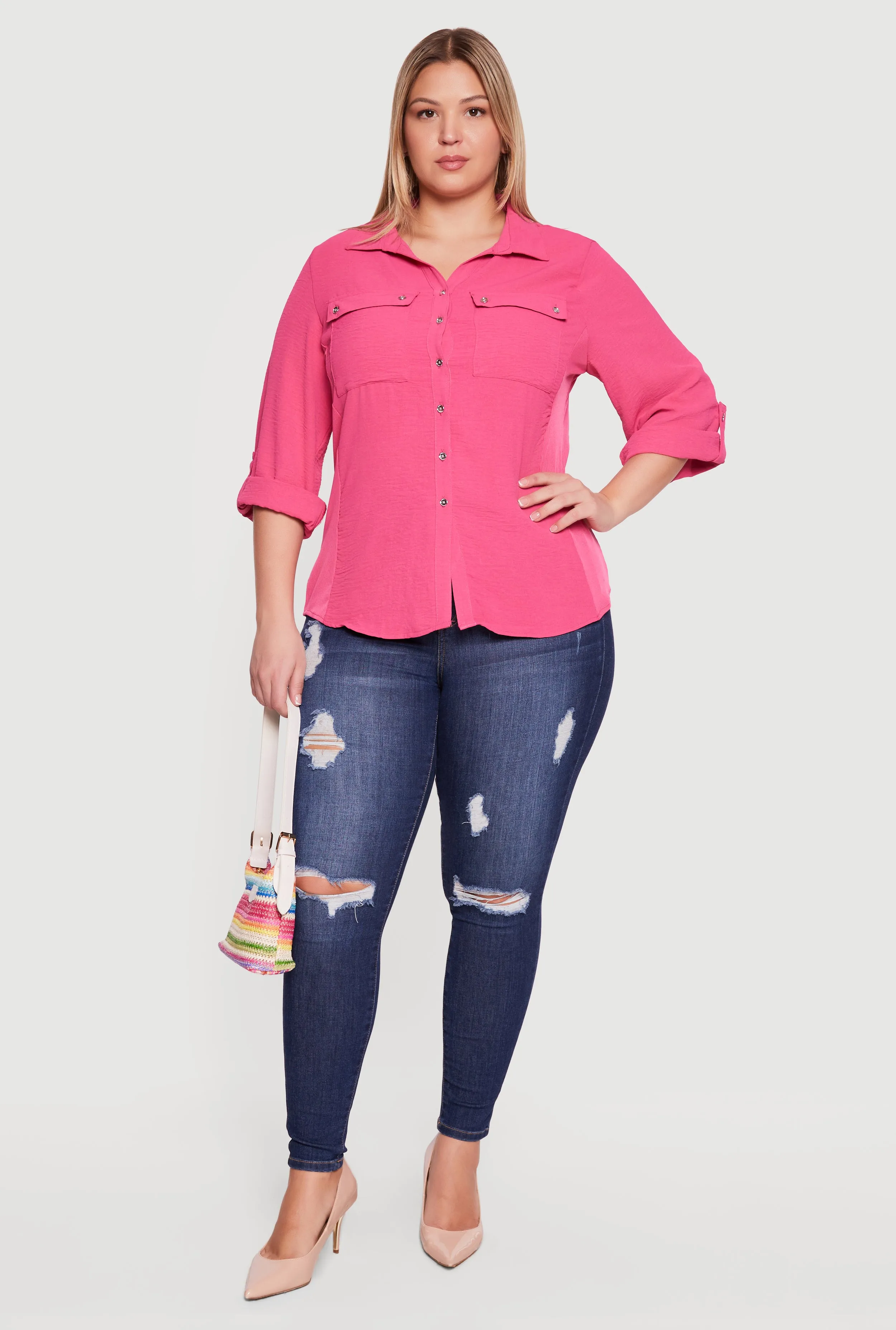 Plus Size Button Front Tab Sleeve Shirt sold by Rainbow