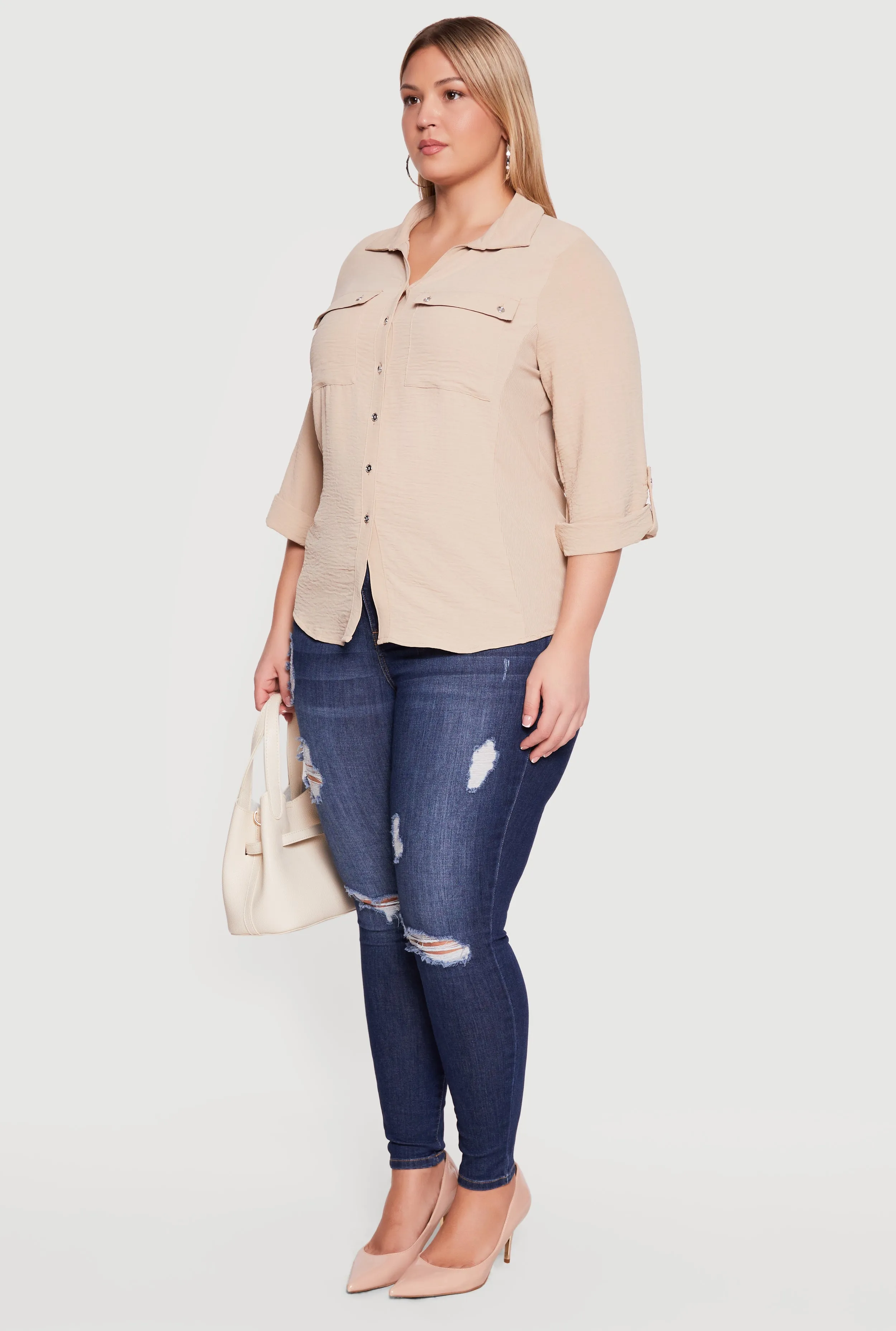 Plus Size Button Front Tab Sleeve Shirt sold by Rainbow product image thumbnail 3