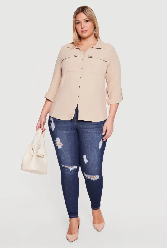 Plus Size Button Front Tab Sleeve Shirt made by Rainbow