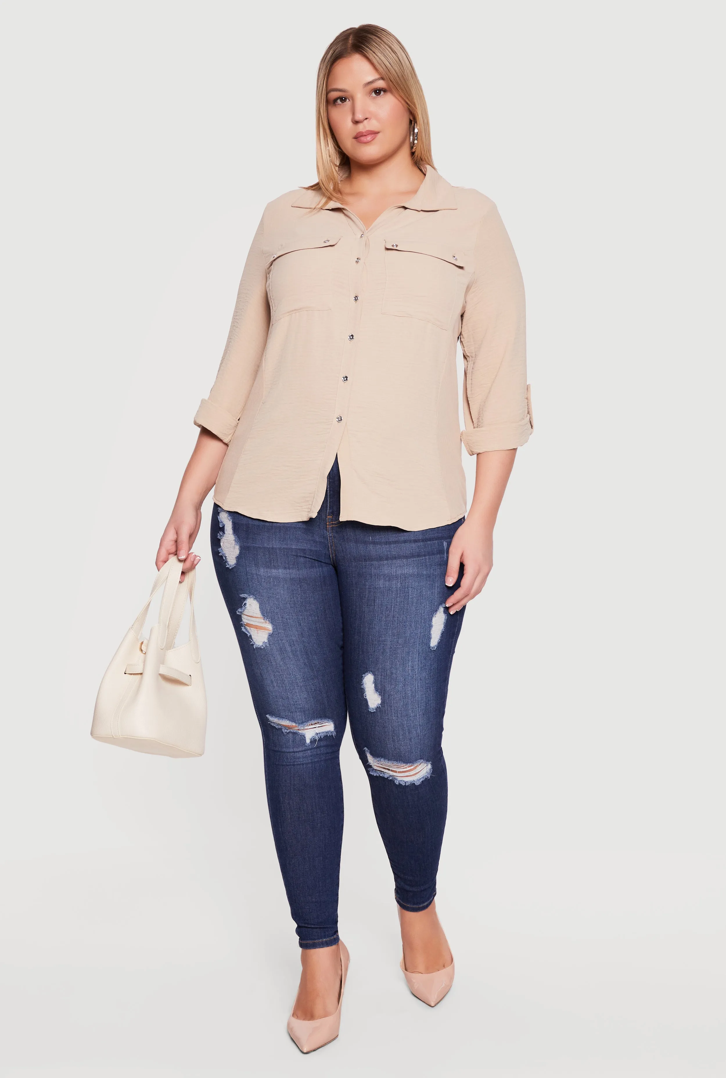 Plus Size Button Front Tab Sleeve Shirt sold by Rainbow