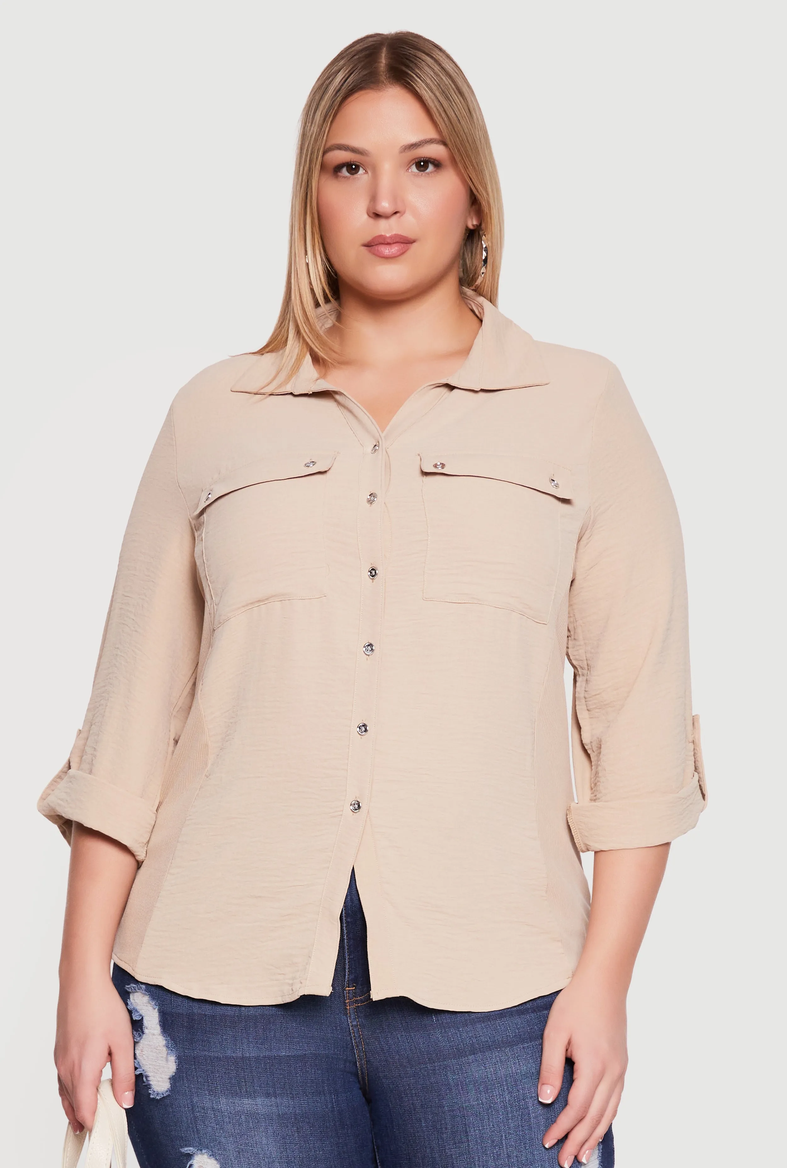 Plus Size Button Front Tab Sleeve Shirt sold by Rainbow product image thumbnail 2