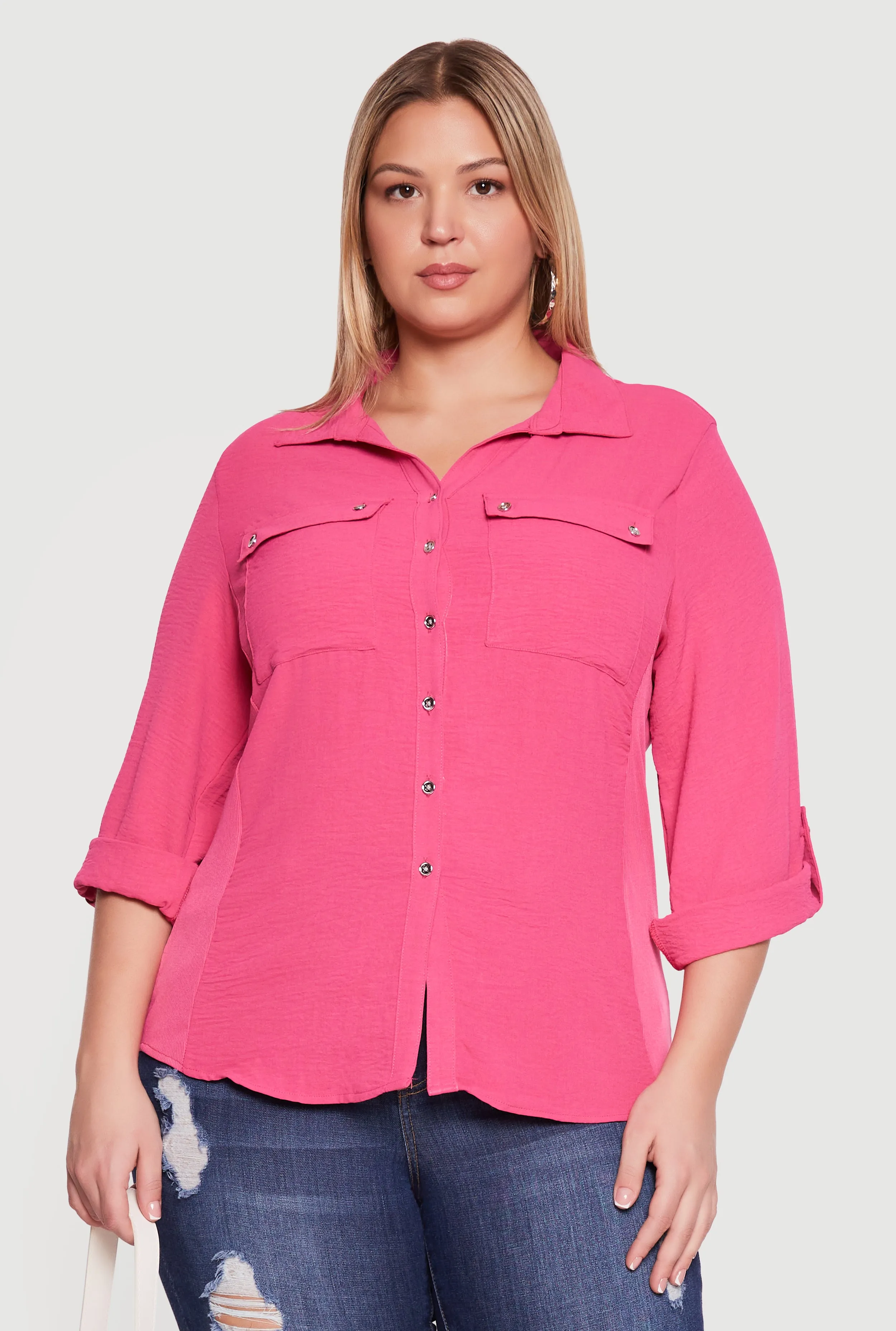 Plus Size Button Front Tab Sleeve Shirt sold by Rainbow product image thumbnail 2
