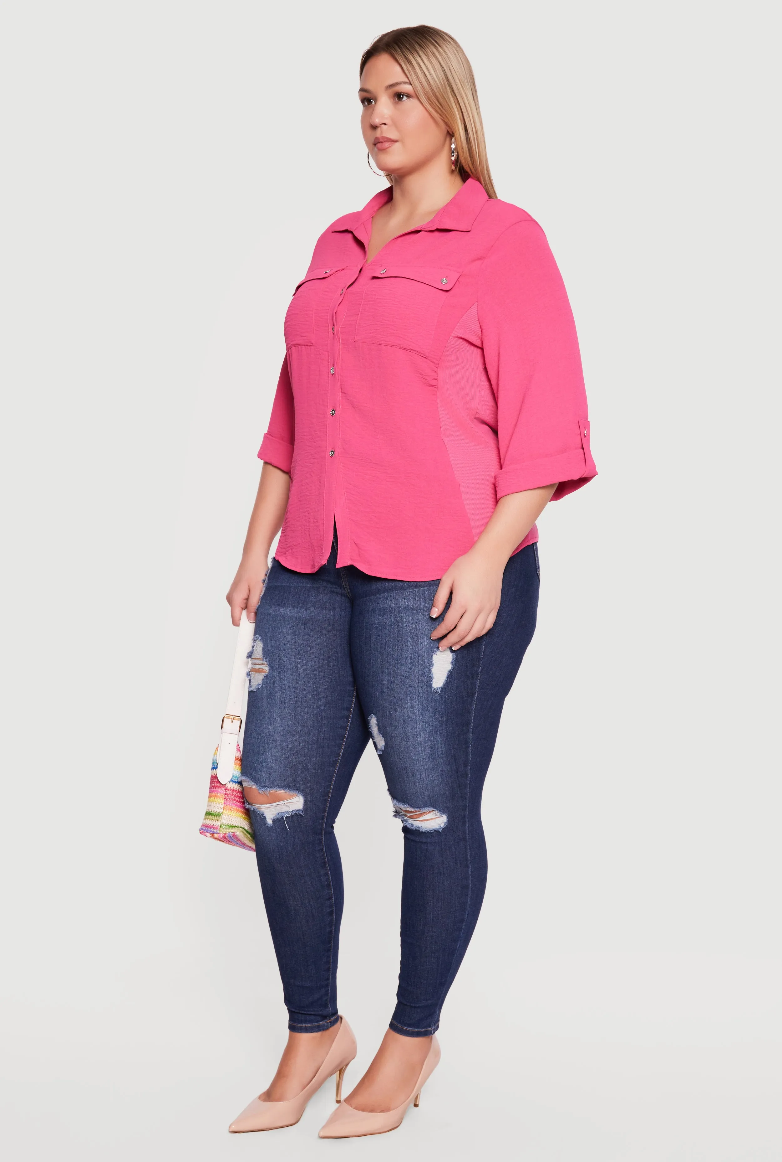 Plus Size Button Front Tab Sleeve Shirt sold by Rainbow product image thumbnail 3