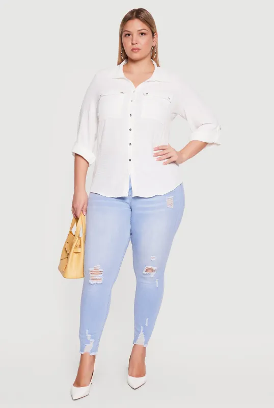 Plus Size Button Front Tab Sleeve Shirt made by Rainbow