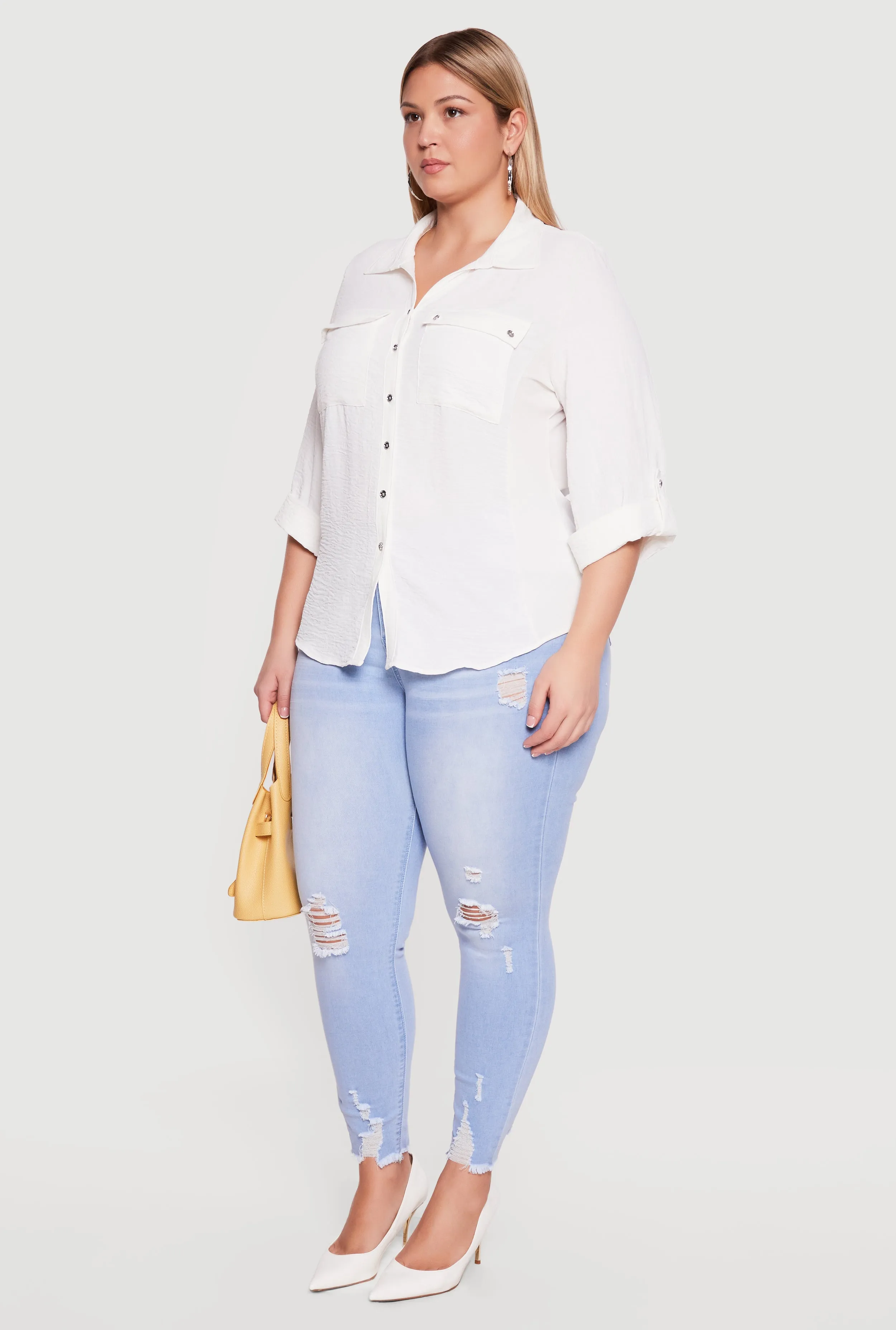 Plus Size Button Front Tab Sleeve Shirt sold by Rainbow product image thumbnail 3