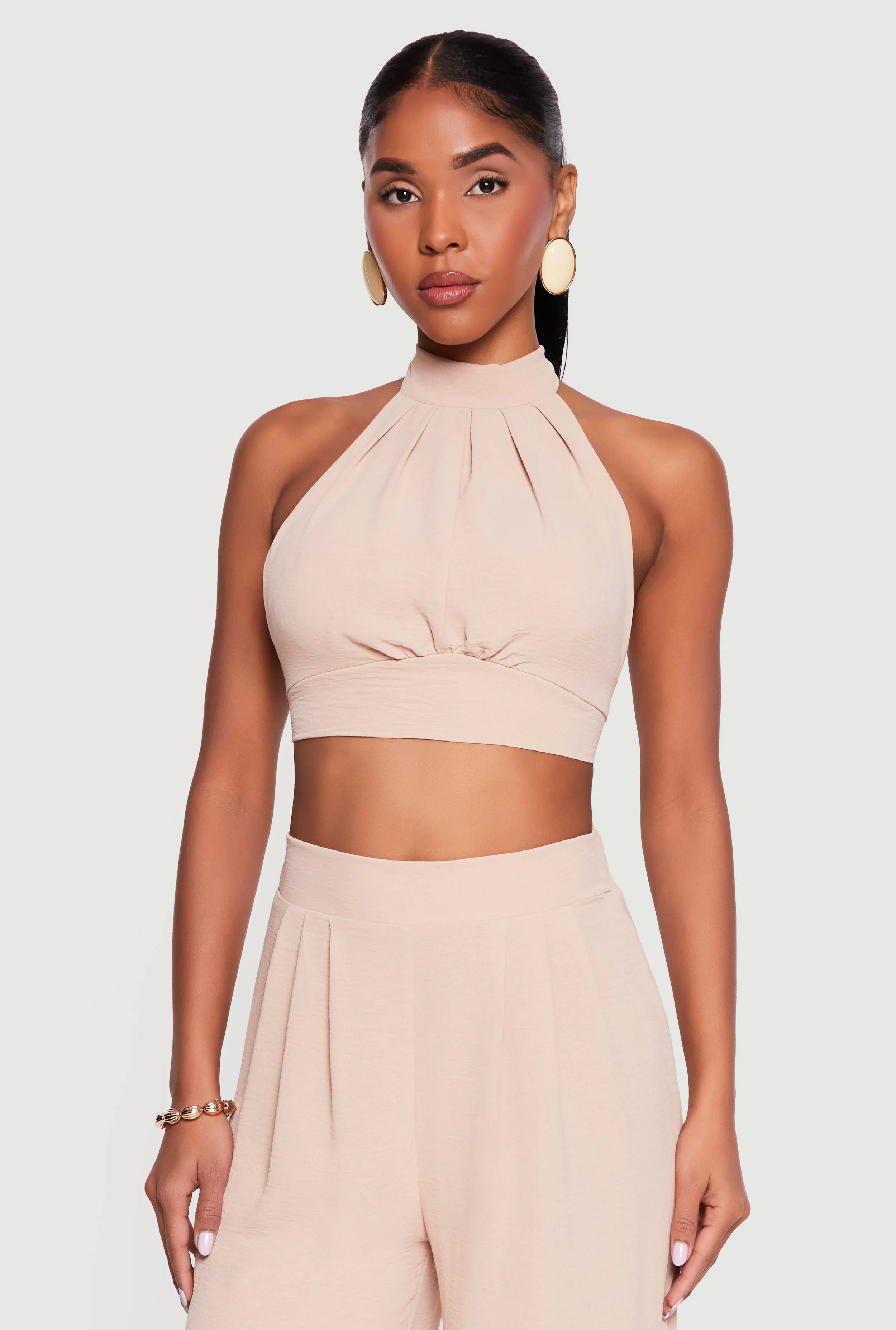 Ruched Tie Back Crepe Knit Halter Crop Top sold by Rainbow