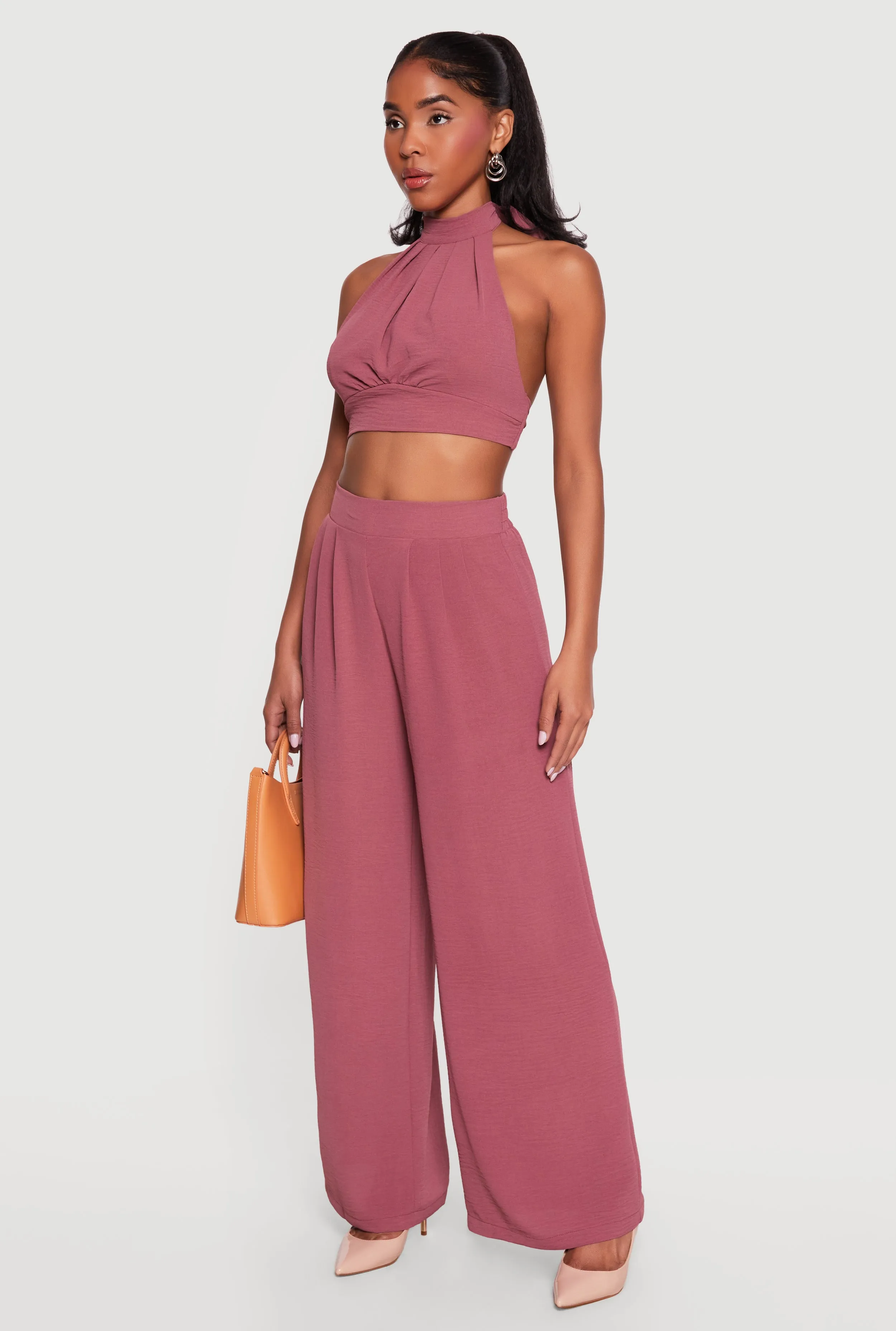 Ruched Tie Back Crepe Knit Halter Crop Top sold by Rainbow product image thumbnail 3