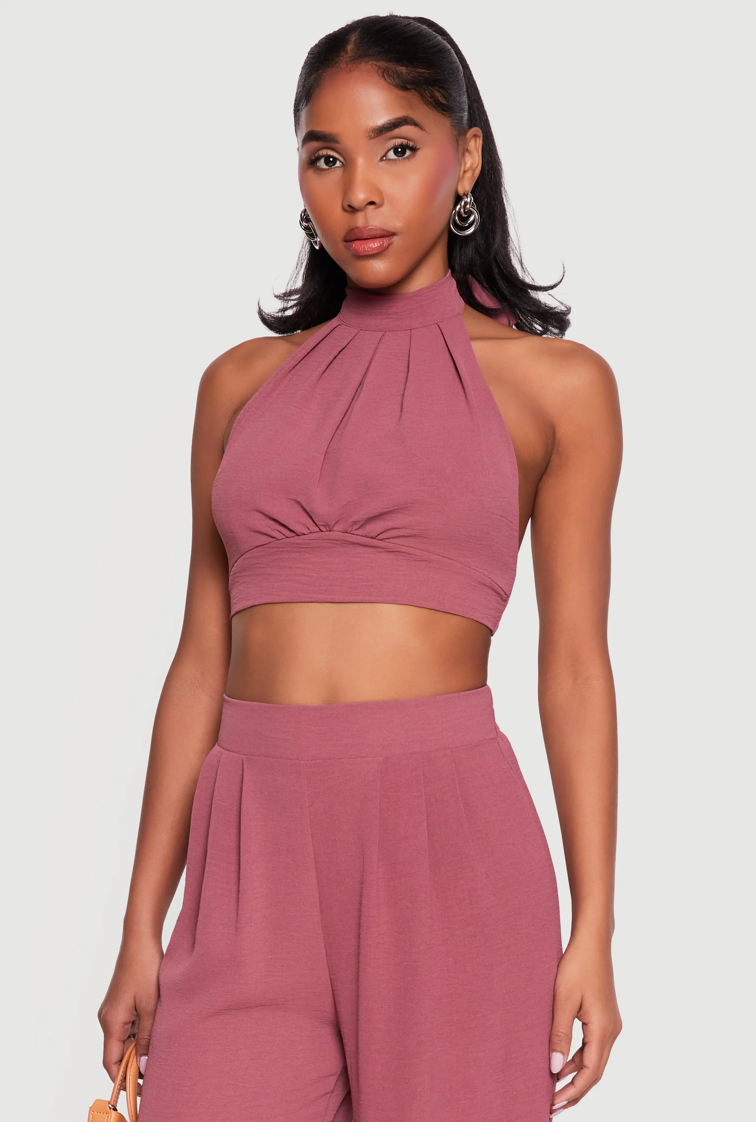 Ruched Tie Back Crepe Knit Halter Crop Top sold by Rainbow