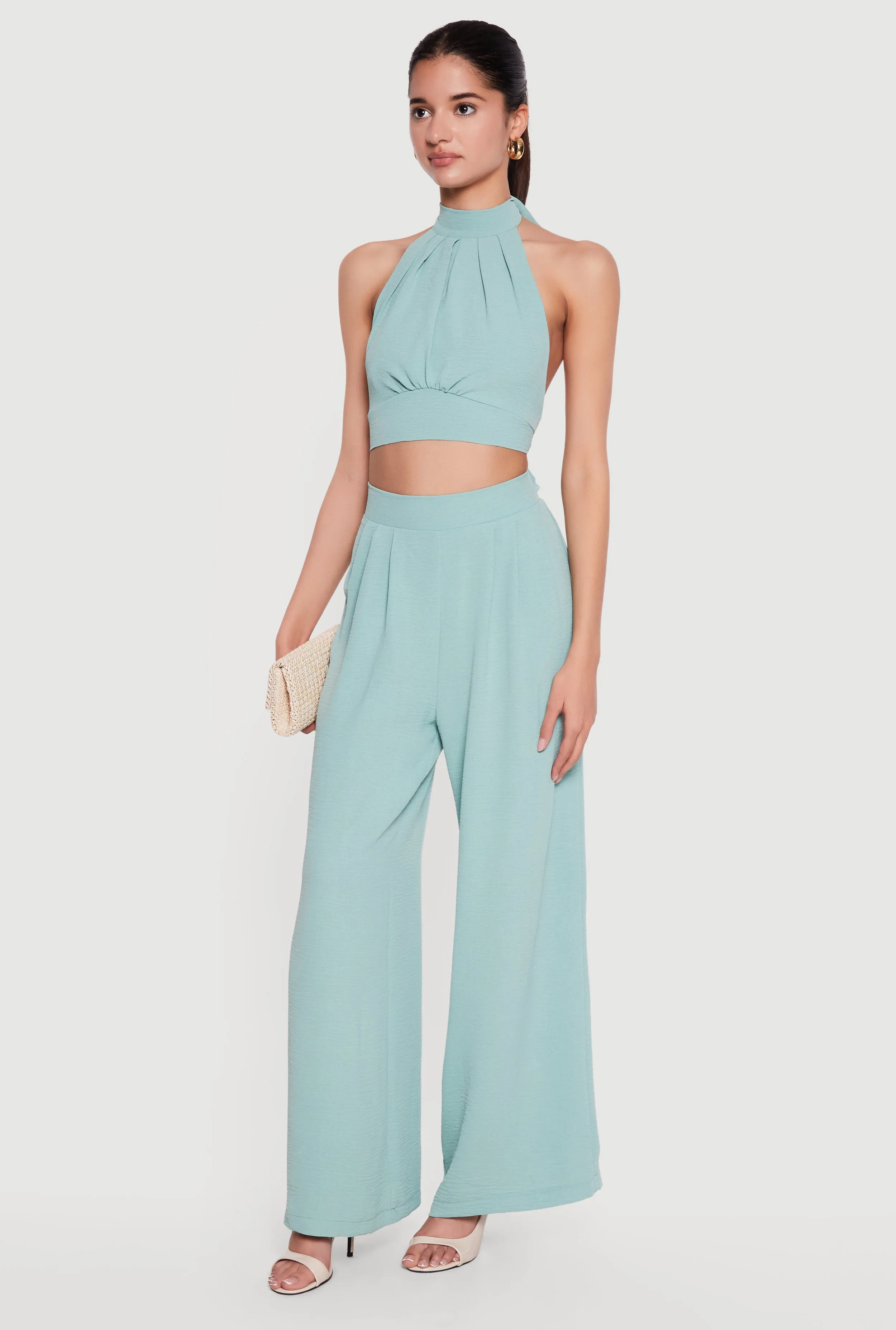 Ruched Tie Back Crepe Knit Halter Crop Top sold by Rainbow product image thumbnail 3